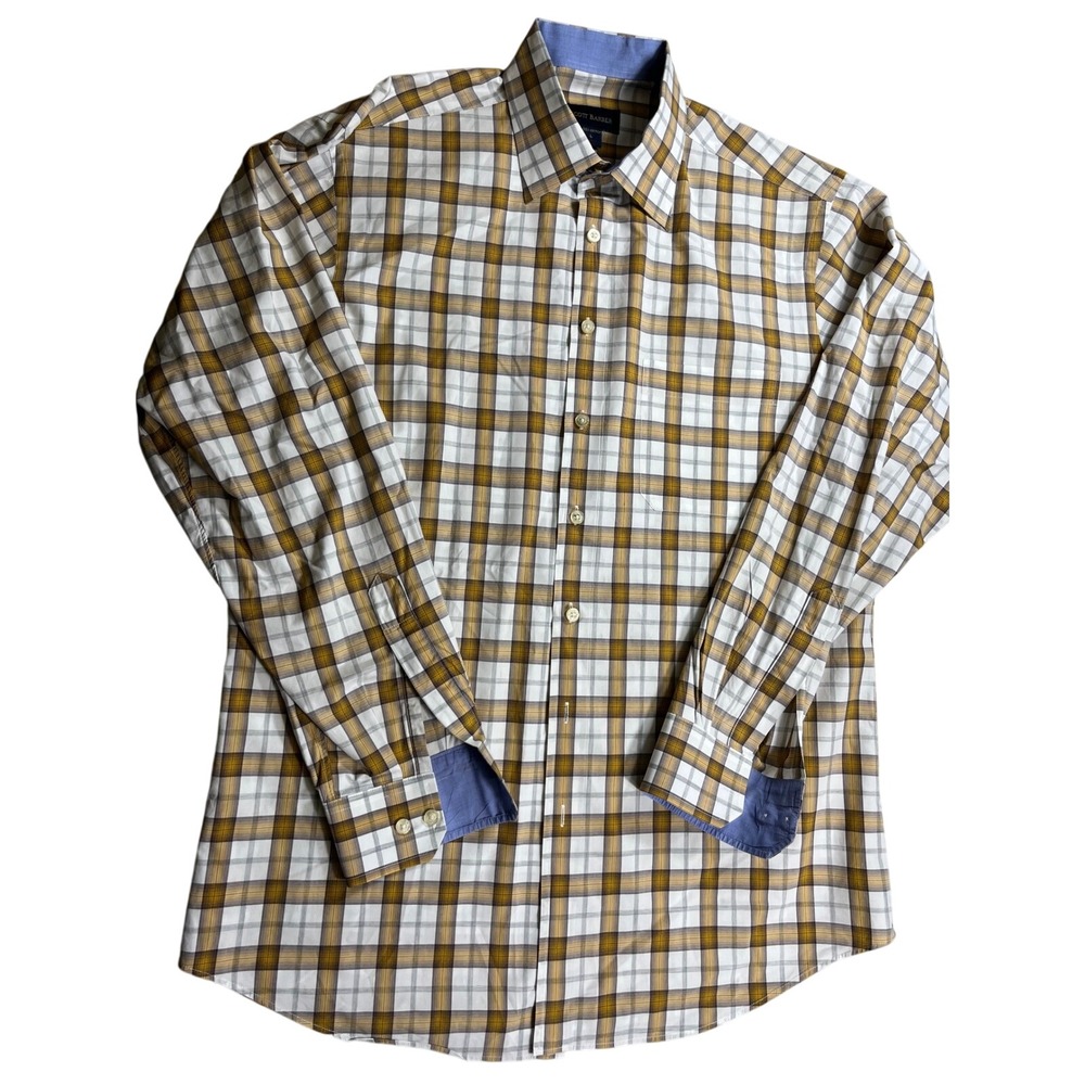 Scott Barber Mens Large Plaid Button Front Shirt Blue Contrast Collar Cotton Lux